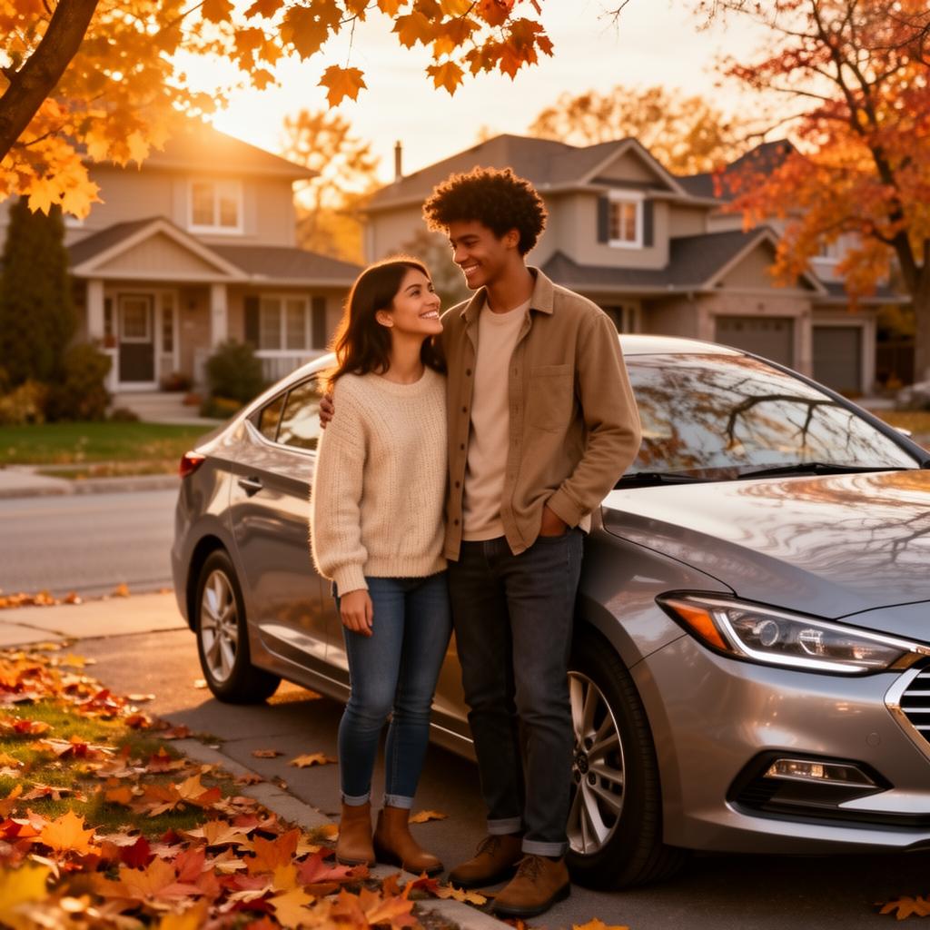 Happy couple with car by Ontario lakeside
